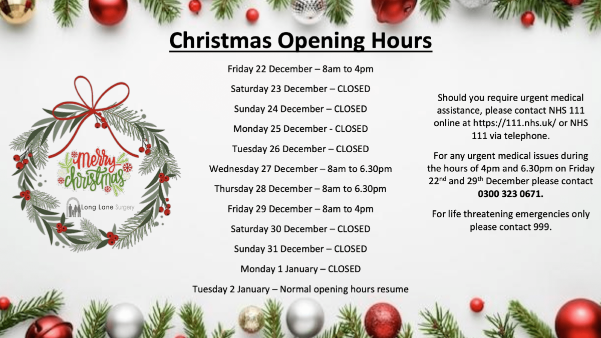 Christmas Opening Hours 2023 Long Lane Surgery